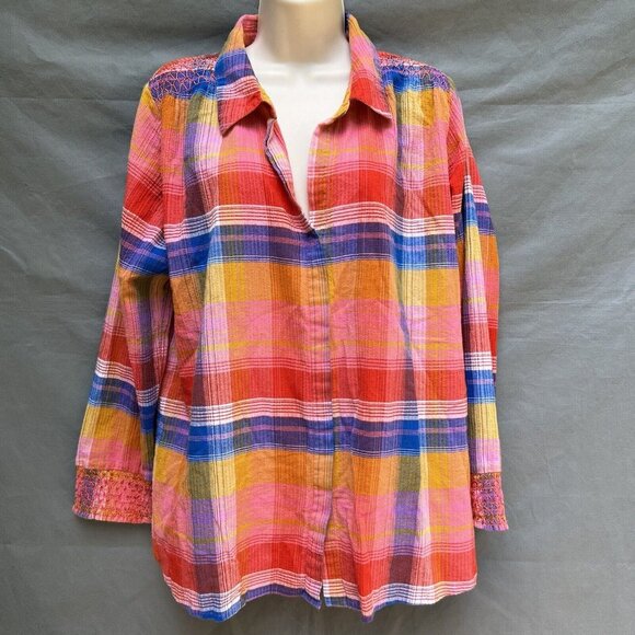 Soft Surroundings Tops - Soft Surroundings Petite XL Plaid Shirt Button Smocked Collared Top